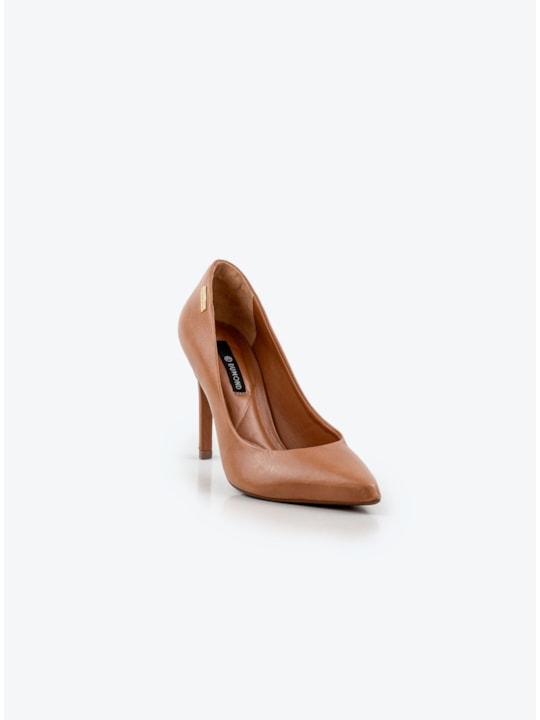 Scarpin Couro Caramelo Bico Fino Salto Alto