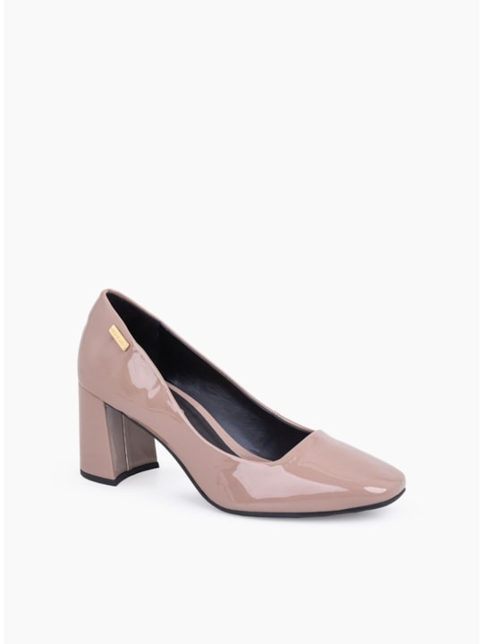 Scarpin Couro Verniz Nude Gray Salto Bloco