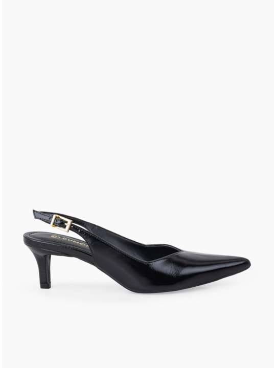 Scarpin Couro Verniz Preto Salto Fino Slingback