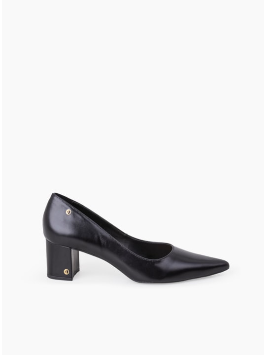 Scarpin Preto Couro Salto Bloco