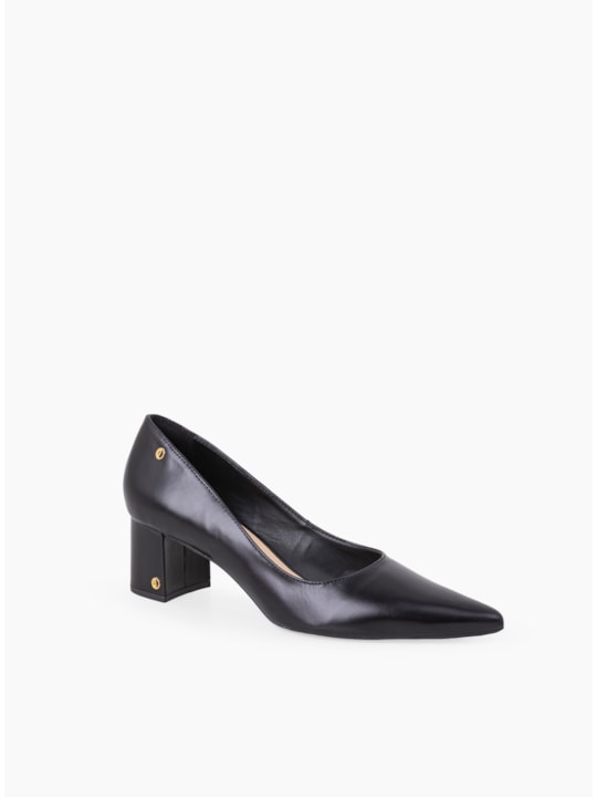 Scarpin Preto Couro Salto Bloco