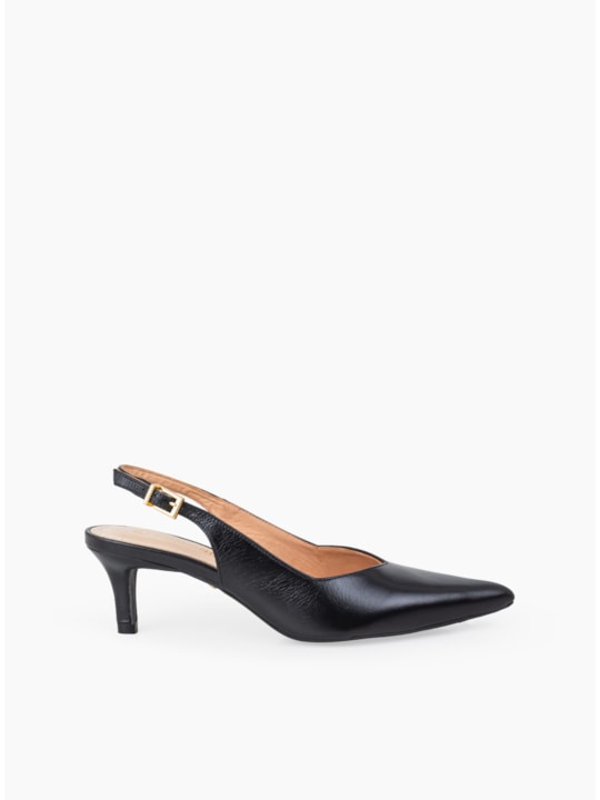 Scarpin Preto Couro Salto Fino Slingback