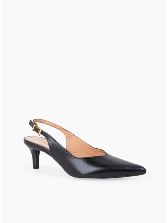 Scarpin Preto Couro Salto Fino Slingback