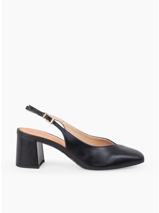 Scarpin Salto Bloco Slingback Couro Preto