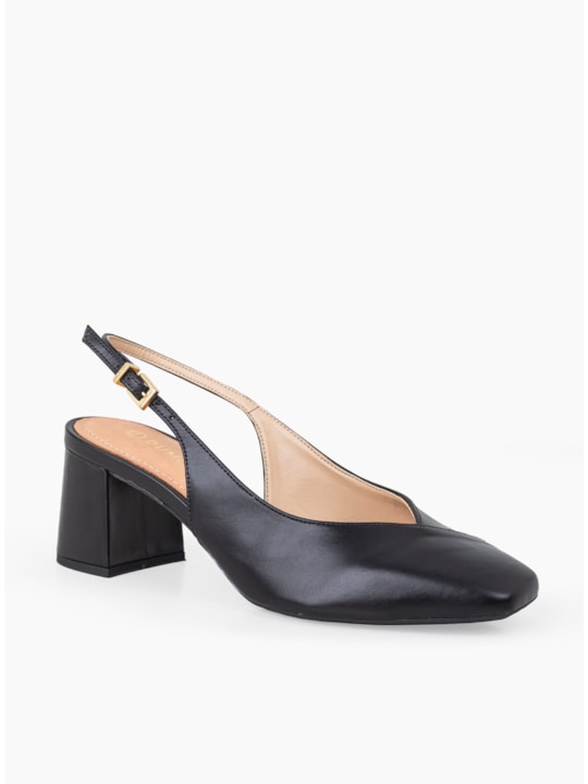 Scarpin Salto Bloco Slingback Couro Preto