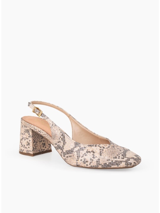 Scarpin Salto Bloco Slingback Couro Snake Sand