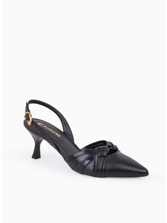Scarpin Slingback Couro Preto Tiras