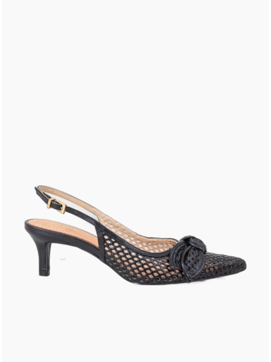 Scarpin Slingback Couro Vazado Preto Com Laço