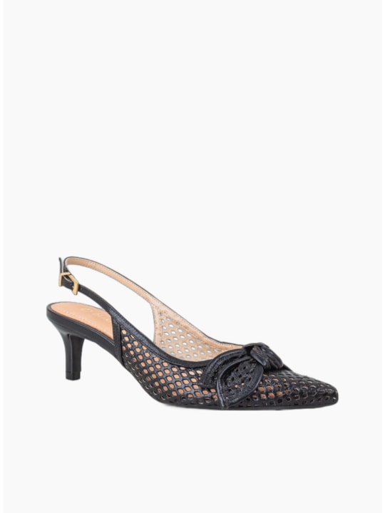 Scarpin Slingback Couro Vazado Preto Com Laço