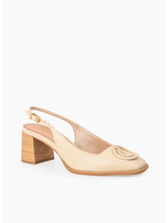 SCARPIN SLINGBACK SALTO BLOCO COURO PAGLIA COM METAL