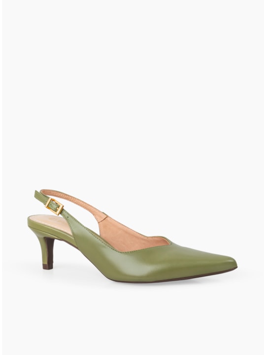 Scarpin Verde Couro Salto Fino Slingback