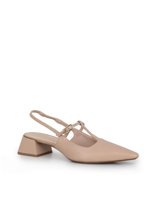 Slingback Nude Couro Bico Fino Salto Bloco