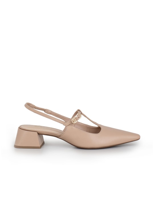 Slingback Nude Couro Bico Fino Salto Bloco