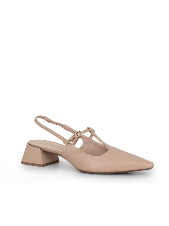 Slingback Nude Couro Bico Fino Salto Bloco