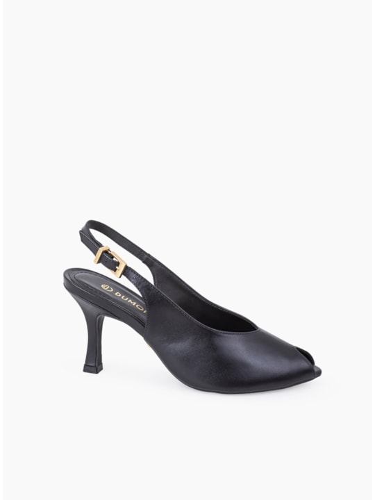 Slingback Peep Toe Couro Preto
