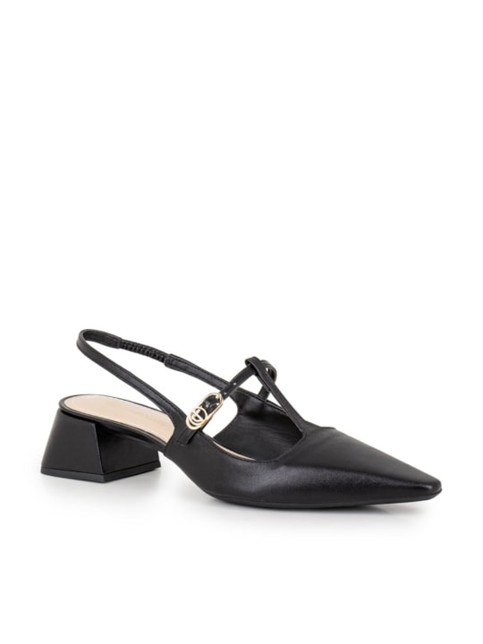 Slingback Preto Couro Salto Baixo Bloco Fivela