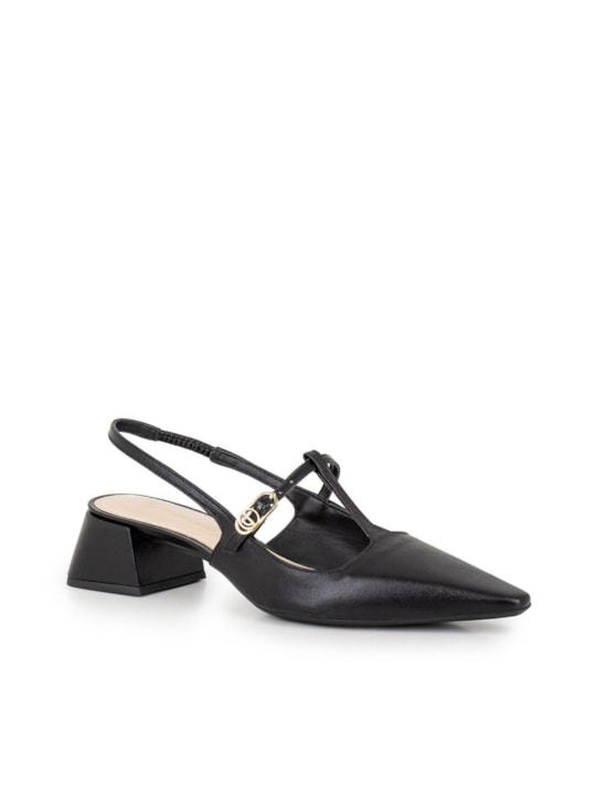 Slingback Preto Couro Salto Baixo Bloco Fivela
