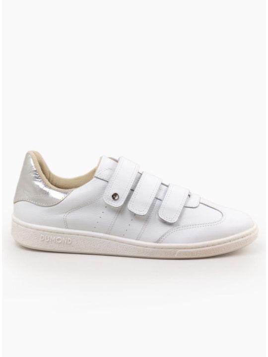 Tênis Feminino Couro Branco Prata Velcro